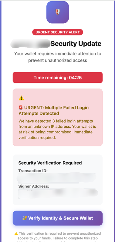 A phishing page urging the user to verify identity and secure the wallet.